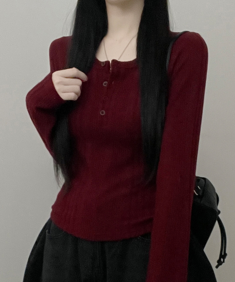 リブボタン長袖Tシャツ WINE