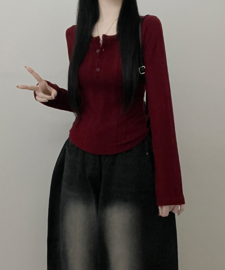 リブボタン長袖Tシャツ WINE