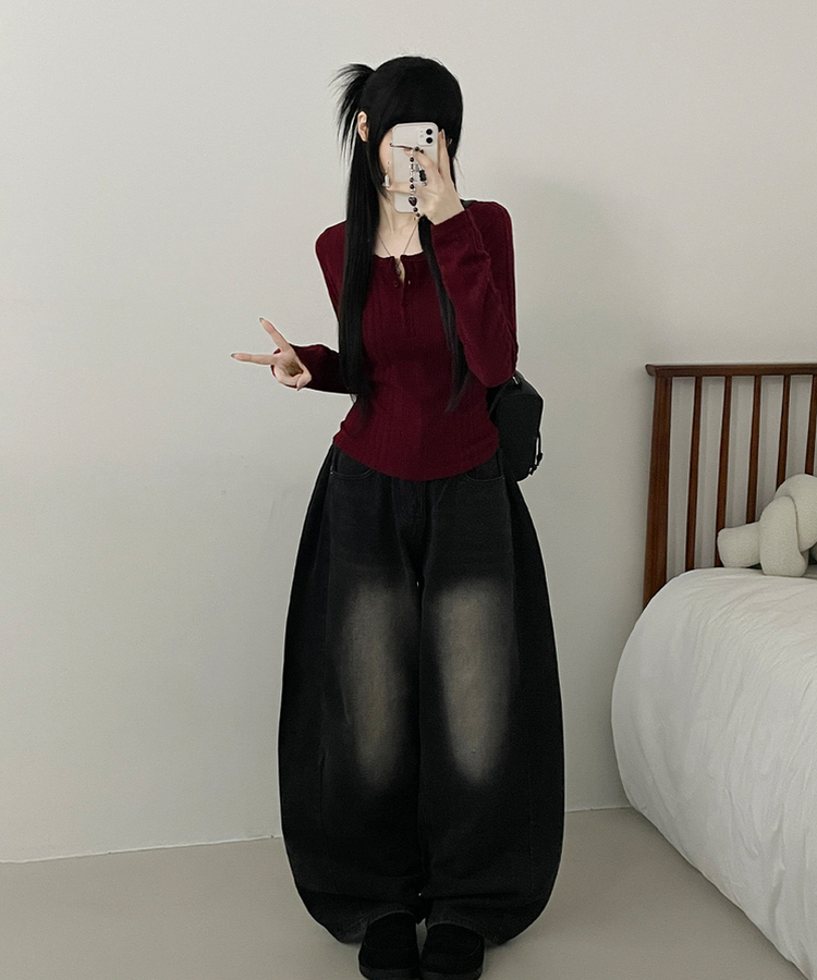 リブボタン長袖Tシャツ WINE