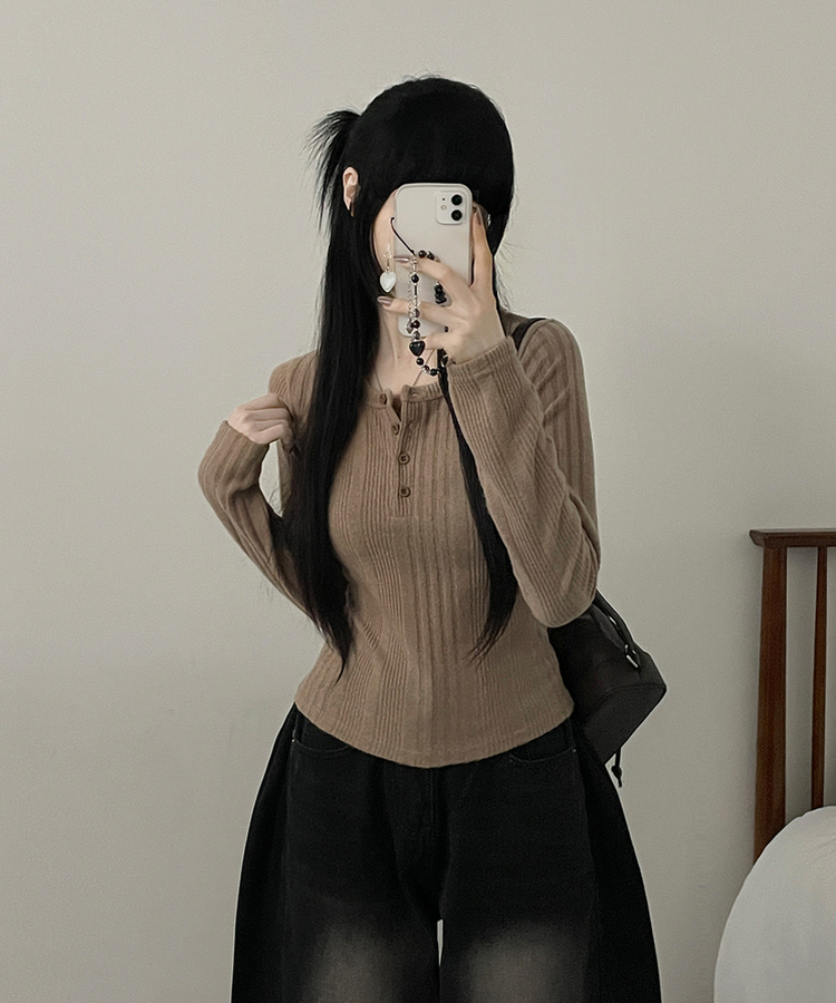 リブボタン長袖Tシャツ MOCHA