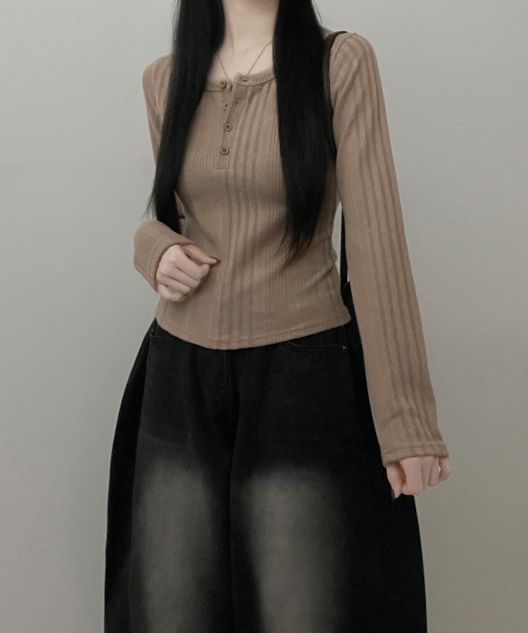 リブボタン長袖Tシャツ MOCHA