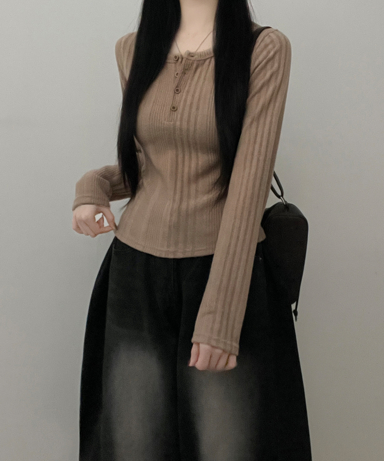 リブボタン長袖Tシャツ MOCHA