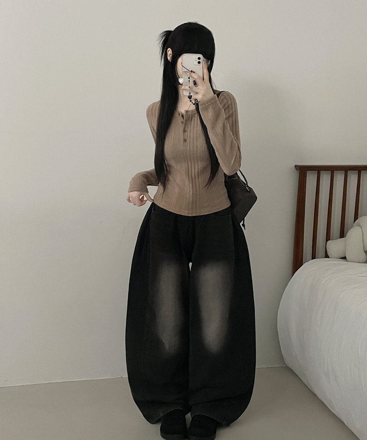 リブボタン長袖Tシャツ MOCHA