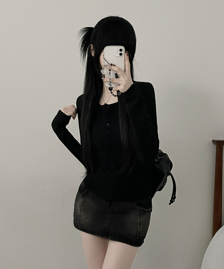 リブボタン長袖Tシャツ BLACK