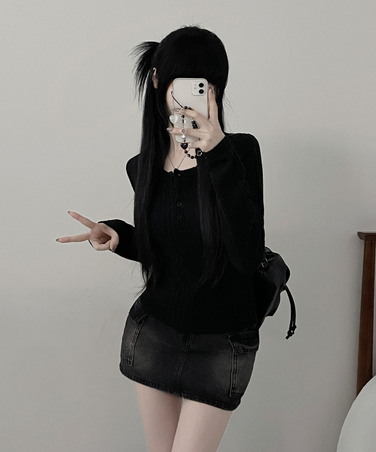 リブボタン長袖Tシャツ BLACK