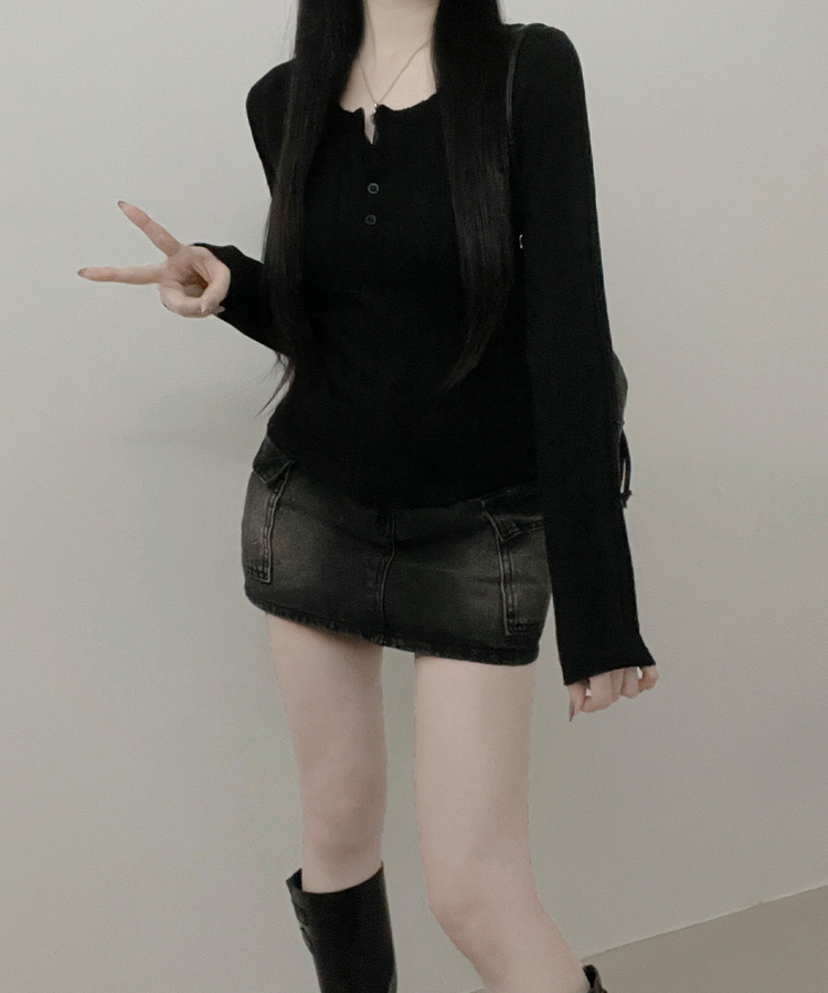 リブボタン長袖Tシャツ BLACK