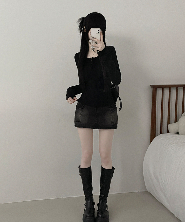 リブボタン長袖Tシャツ BLACK