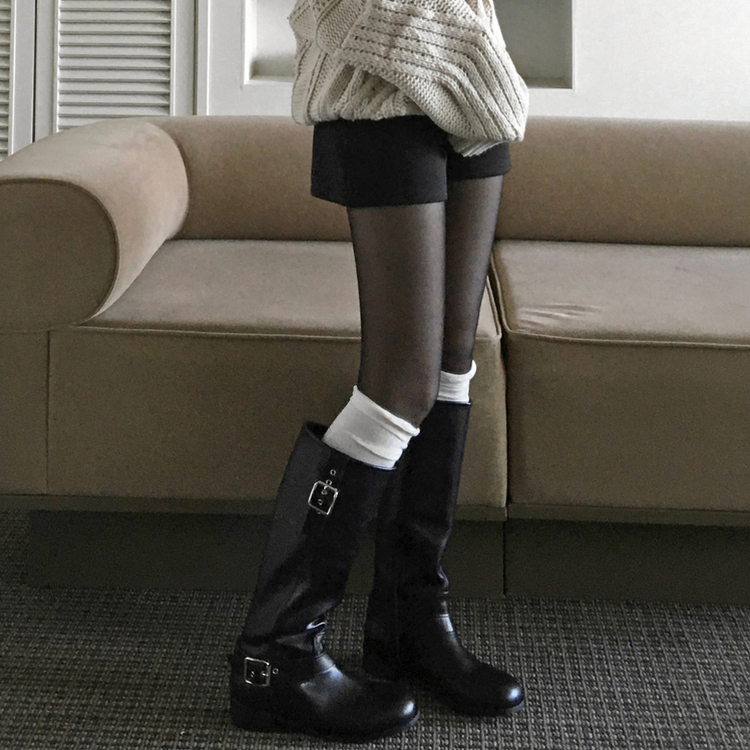 レザーバックルベルトウエスタンロングブーツ BLACK