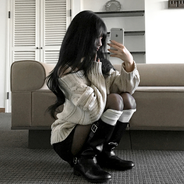 レザーバックルベルトウエスタンロングブーツ BLACK