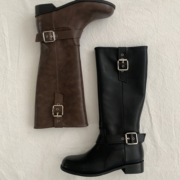 レザーバックルベルトウエスタンロングブーツ
