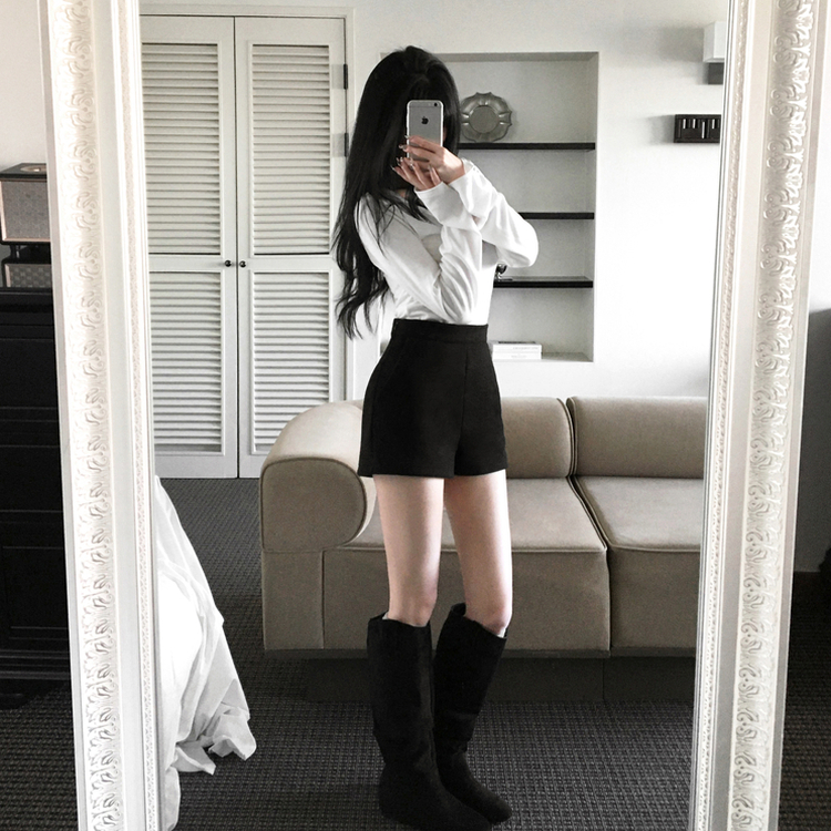 메이피 모직 사이드 지퍼 하이웨스트 숏 팬츠 블랙