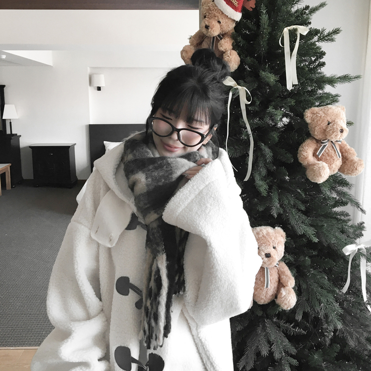 アンゴラ厚手チェックロングマフラー BLACK