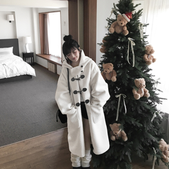 레포 양털 뽀글이 버클 후드 떡볶이 롱 무스탕 코트 아이보리