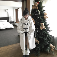 레포 양털 뽀글이 버클 후드 떡볶이 롱 무스탕 코트 아이보리