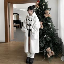 레포 양털 뽀글이 버클 후드 떡볶이 롱 무스탕 코트 아이보리