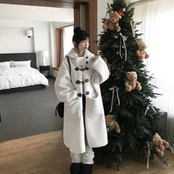 레포 양털 뽀글이 버클 후드 떡볶이 롱 무스탕 코트 아이보리