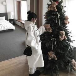 레포 양털 뽀글이 버클 후드 떡볶이 롱 무스탕 코트 아이보리