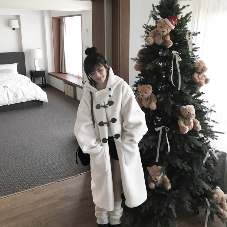 레포 양털 뽀글이 버클 후드 떡볶이 롱 무스탕 코트 아이보리