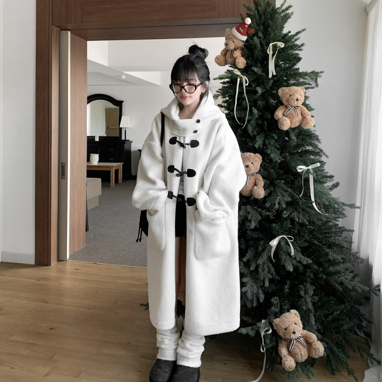 레포 양털 뽀글이 버클 후드 떡볶이 롱 무스탕 코트 아이보리