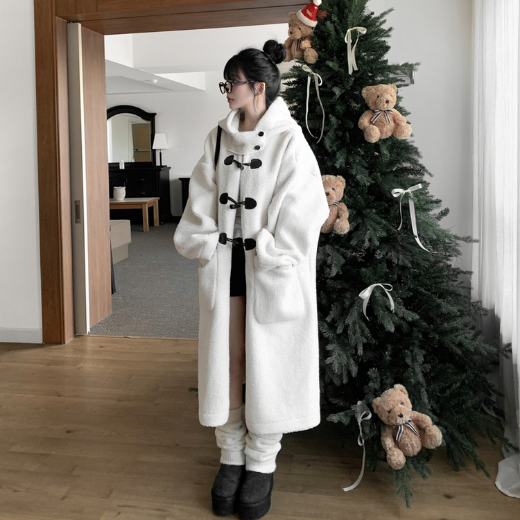 레포 양털 뽀글이 버클 후드 떡볶이 롱 무스탕 코트 아이보리