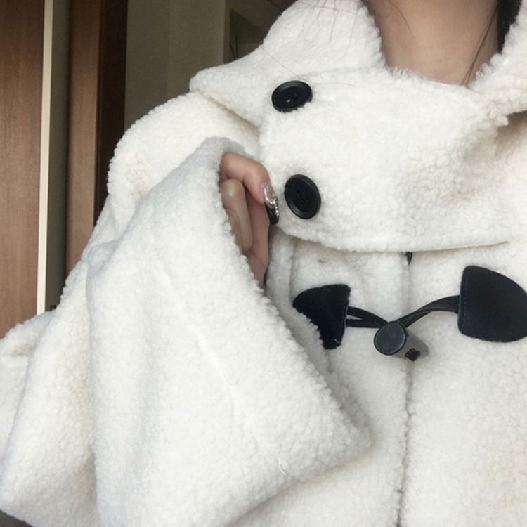 레포 양털 뽀글이 버클 후드 떡볶이 롱 무스탕 코트 아이보리