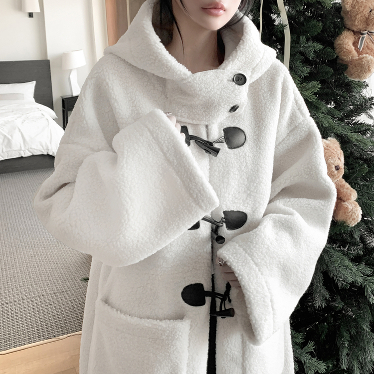 레포 양털 뽀글이 버클 후드 떡볶이 롱 무스탕 코트 아이보리