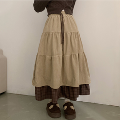 아인 체크 레이어드 코듀로이 골덴 프릴 롱 캉캉 스커트 베이지