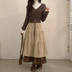 아인 체크 레이어드 코듀로이 골덴 프릴 롱 캉캉 스커트 베이지