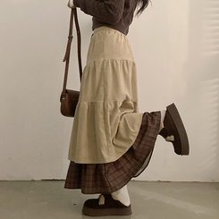 아인 체크 레이어드 코듀로이 골덴 프릴 롱 캉캉 스커트 베이지