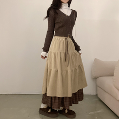 아인 체크 레이어드 코듀로이 골덴 프릴 롱 캉캉 스커트 베이지