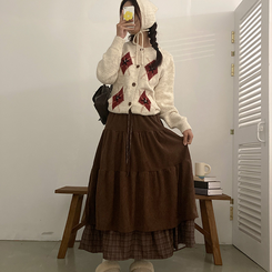 아인 체크 레이어드 코듀로이 골덴 프릴 롱 캉캉 스커트 브라운