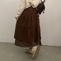 아인 체크 레이어드 코듀로이 골덴 프릴 롱 캉캉 스커트 브라운