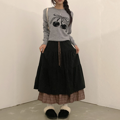 아인 체크 레이어드 코듀로이 골덴 프릴 롱 캉캉 스커트 블랙