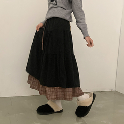 아인 체크 레이어드 코듀로이 골덴 프릴 롱 캉캉 스커트 블랙