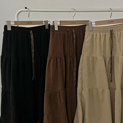 아인 체크 레이어드 코듀로이 골덴 프릴 롱 캉캉 스커트