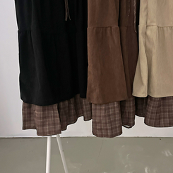 아인 체크 레이어드 코듀로이 골덴 프릴 롱 캉캉 스커트