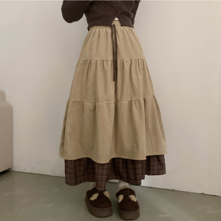 아인 체크 레이어드 코듀로이 골덴 프릴 롱 캉캉 스커트 베이지