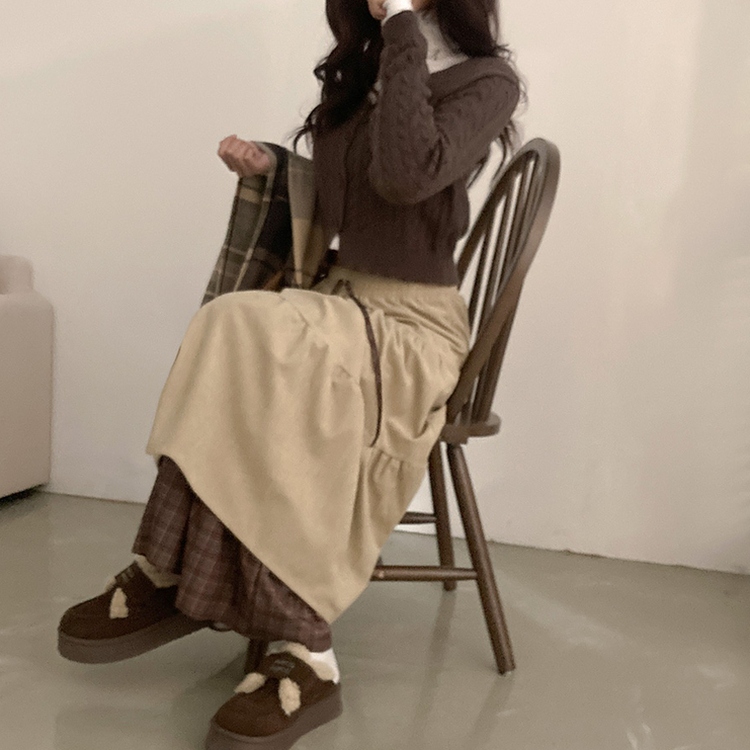 아인 체크 레이어드 코듀로이 골덴 프릴 롱 캉캉 스커트 베이지