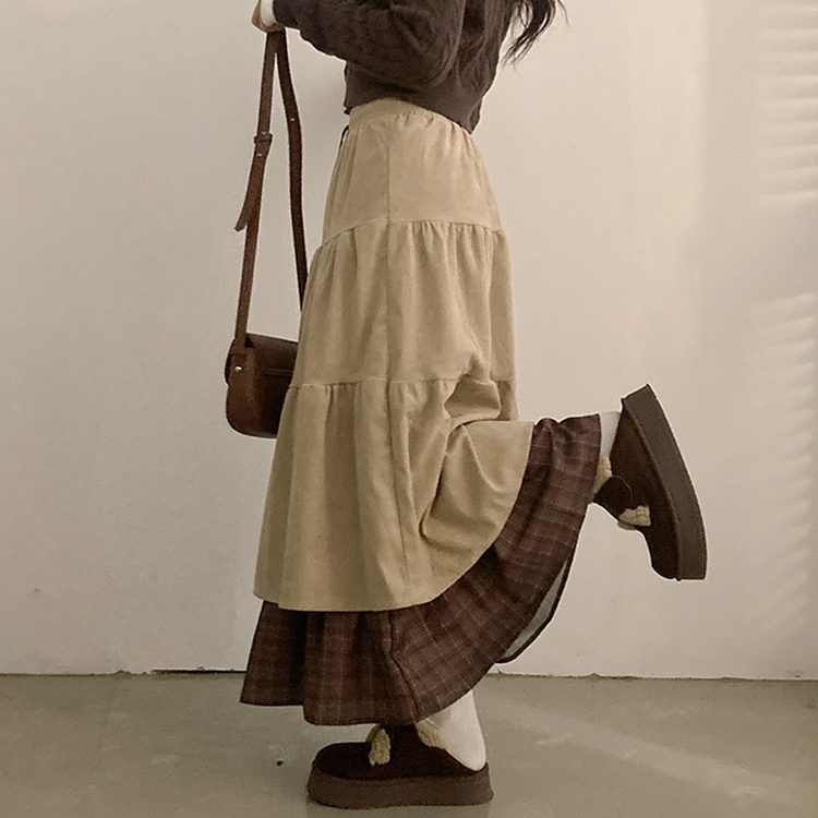 아인 체크 레이어드 코듀로이 골덴 프릴 롱 캉캉 스커트 베이지