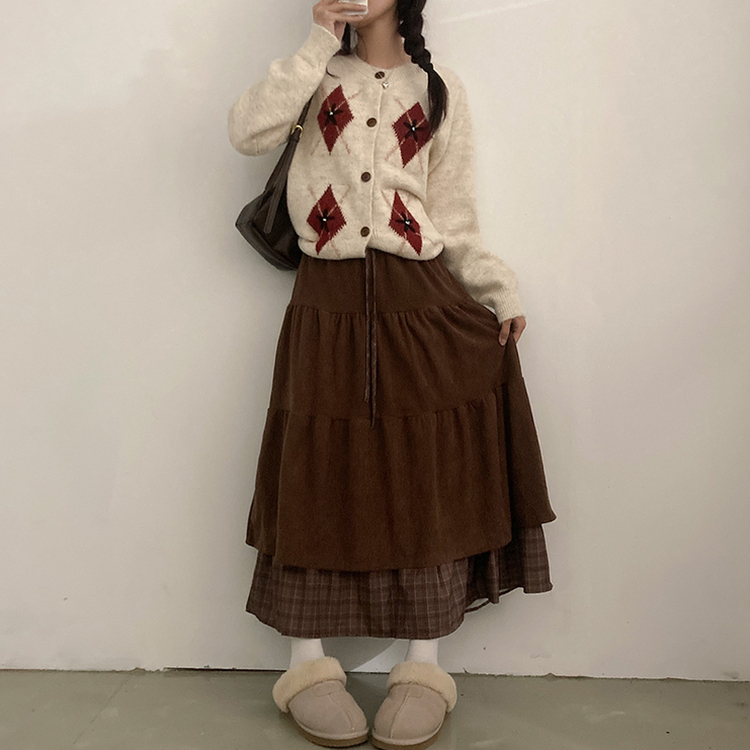 아인 체크 레이어드 코듀로이 골덴 프릴 롱 캉캉 스커트 브라운