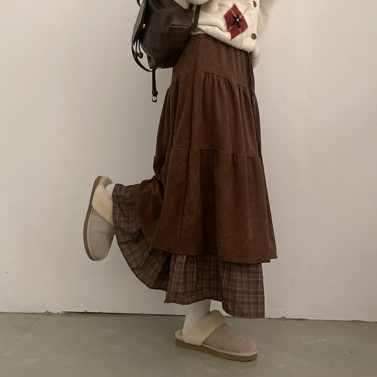 아인 체크 레이어드 코듀로이 골덴 프릴 롱 캉캉 스커트 브라운