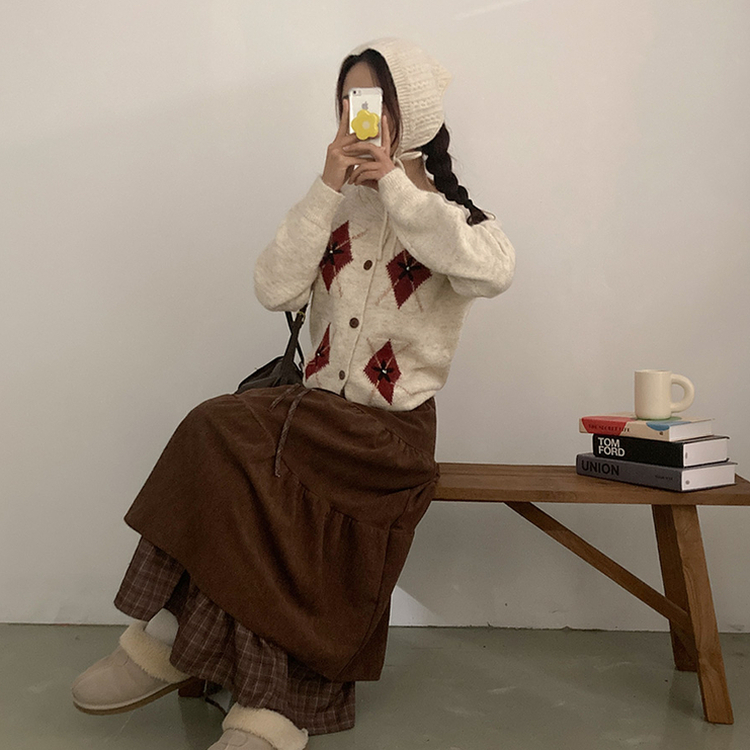 아인 체크 레이어드 코듀로이 골덴 프릴 롱 캉캉 스커트 브라운