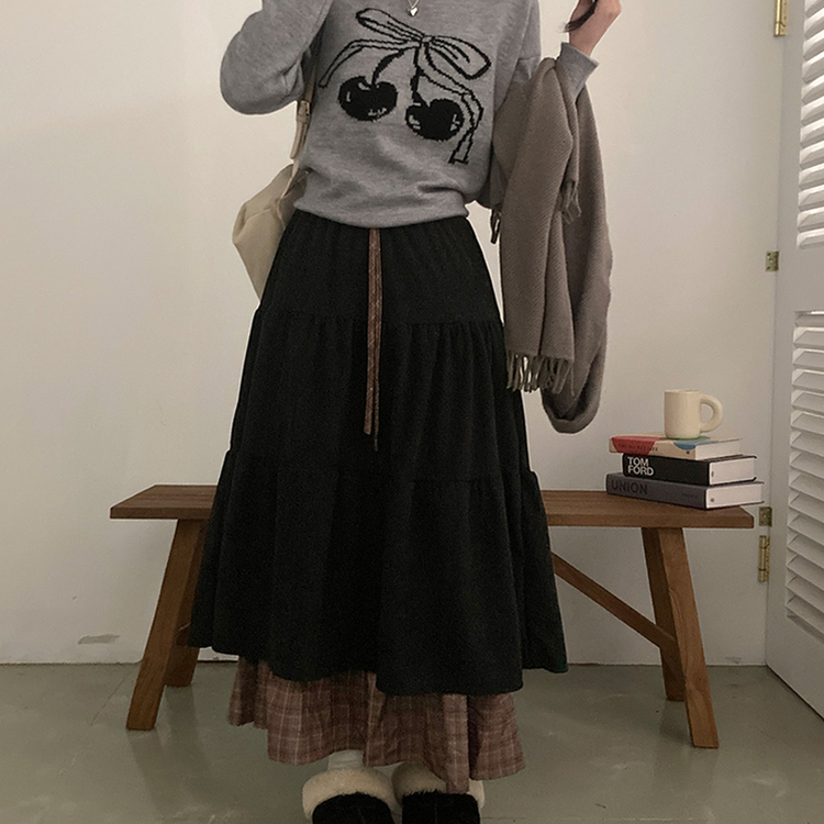 아인 체크 레이어드 코듀로이 골덴 프릴 롱 캉캉 스커트 블랙