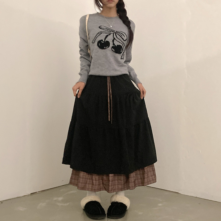 아인 체크 레이어드 코듀로이 골덴 프릴 롱 캉캉 스커트 블랙