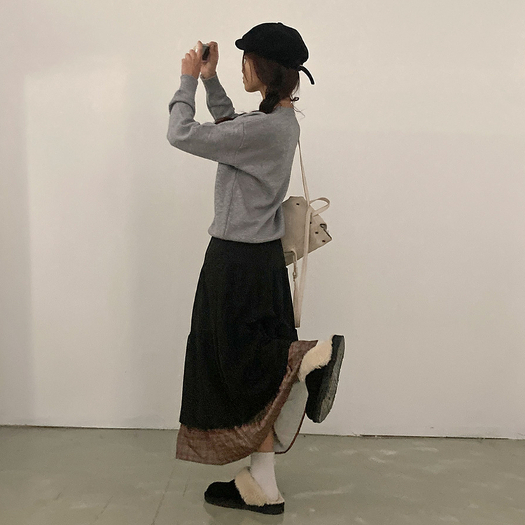 아인 체크 레이어드 코듀로이 골덴 프릴 롱 캉캉 스커트 블랙