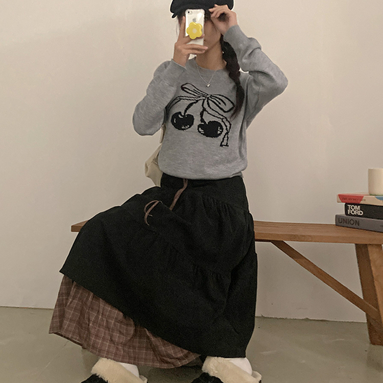 아인 체크 레이어드 코듀로이 골덴 프릴 롱 캉캉 스커트 블랙