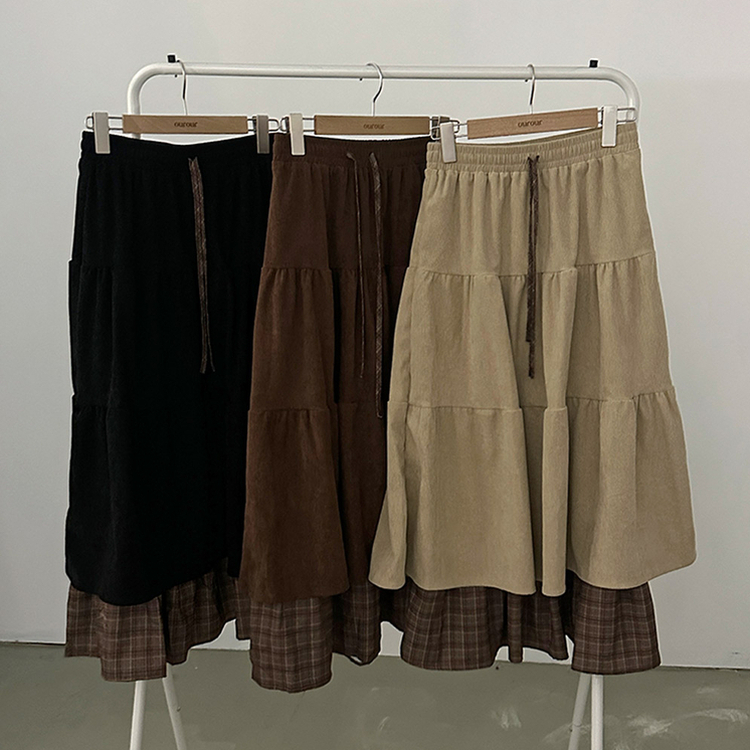 아인 체크 레이어드 코듀로이 골덴 프릴 롱 캉캉 스커트