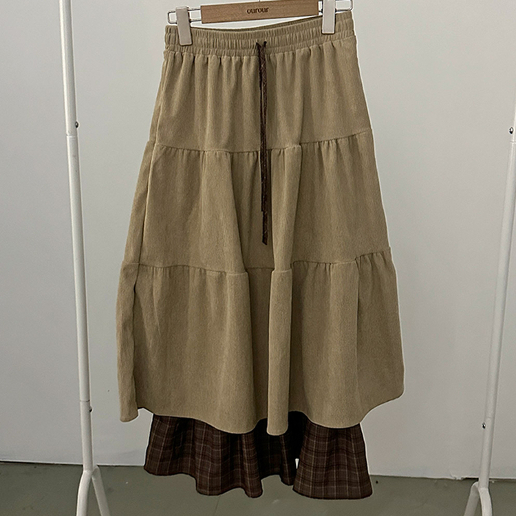 아인 체크 레이어드 코듀로이 골덴 프릴 롱 캉캉 스커트