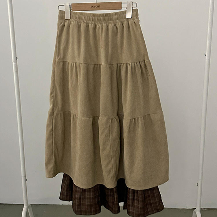 아인 체크 레이어드 코듀로이 골덴 프릴 롱 캉캉 스커트