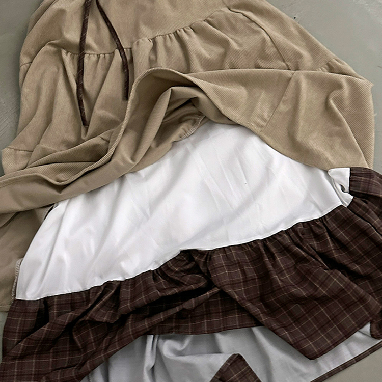 아인 체크 레이어드 코듀로이 골덴 프릴 롱 캉캉 스커트